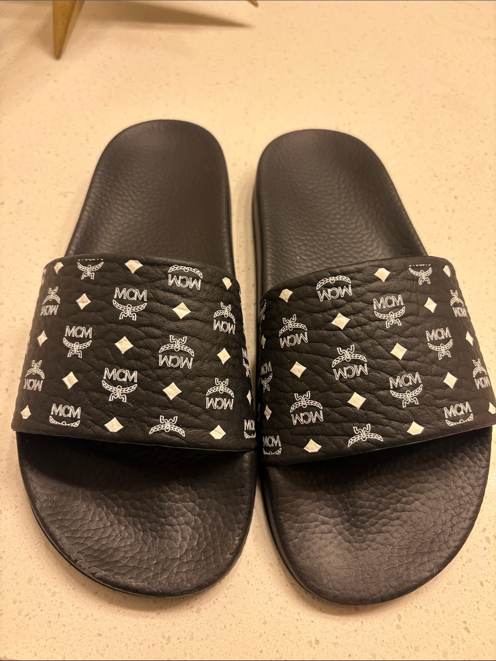 MCM Authentic Black Slide Sandals with White Logo Print